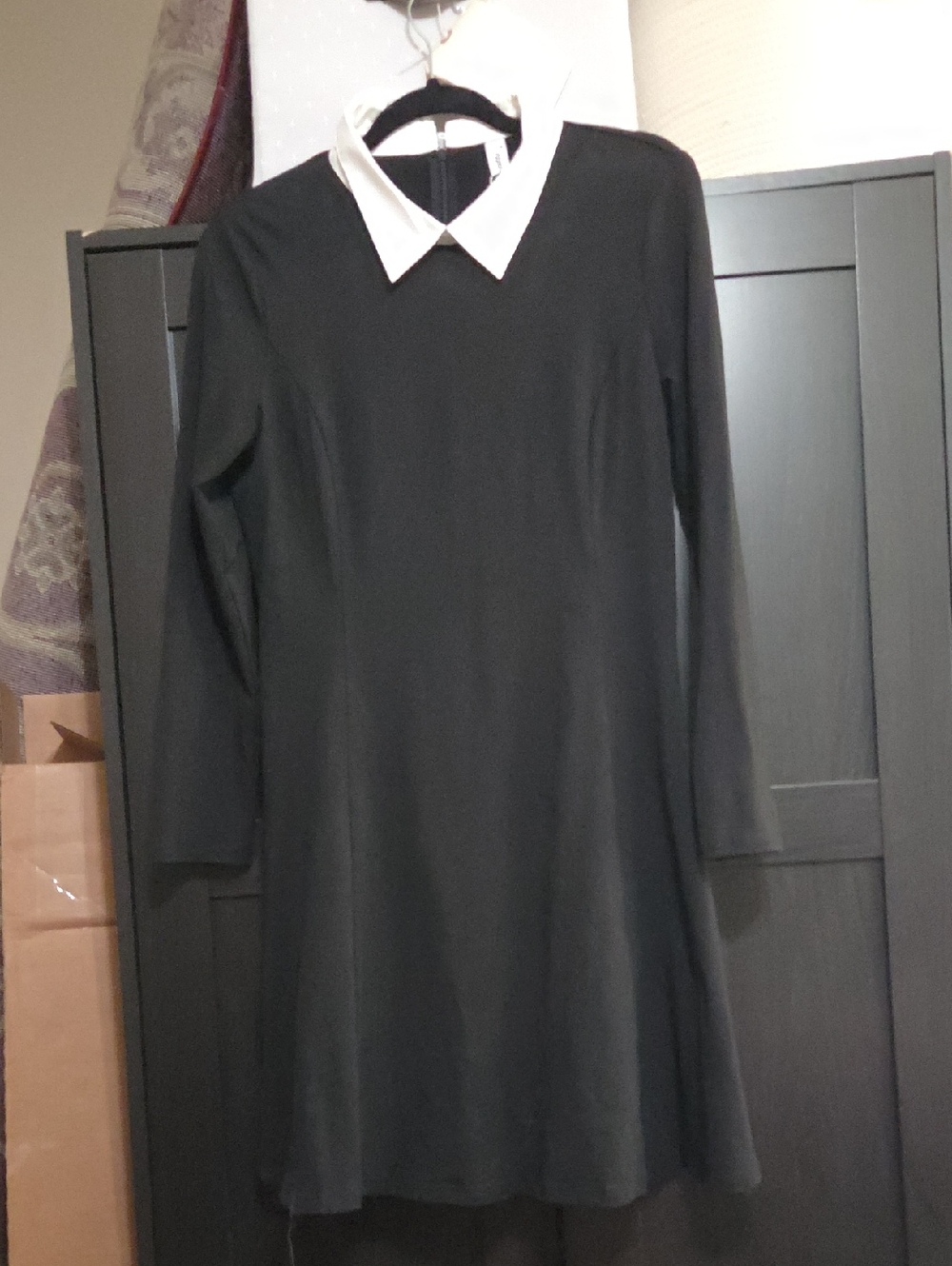 Black Long-Sleeve Dress with White Collar - Elegant Women's Dress